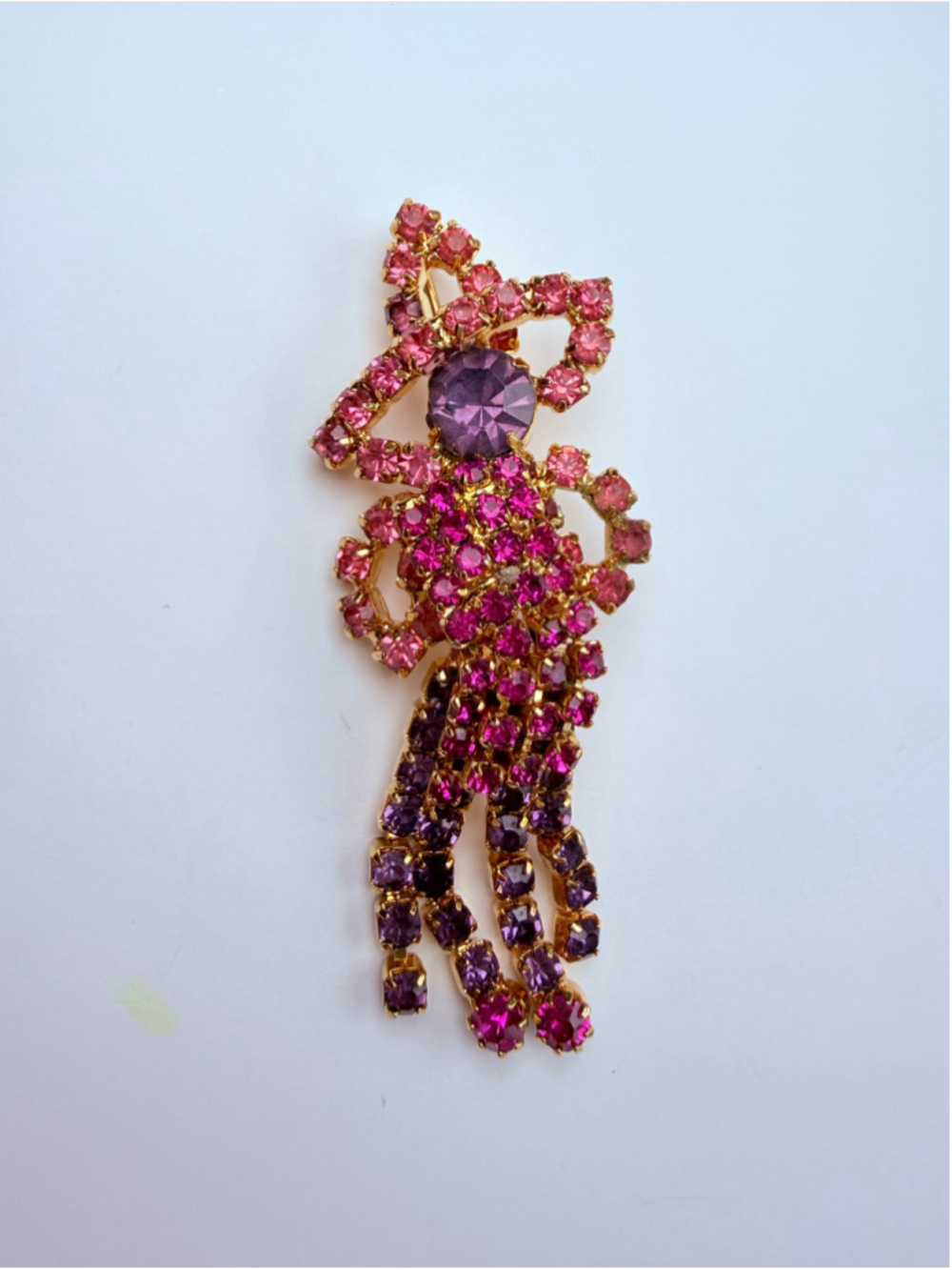 Hobe Sombrero Dancer Ruby & Amethyst Rhinestone Vintage 1965 Signed Brooch 2.6"
